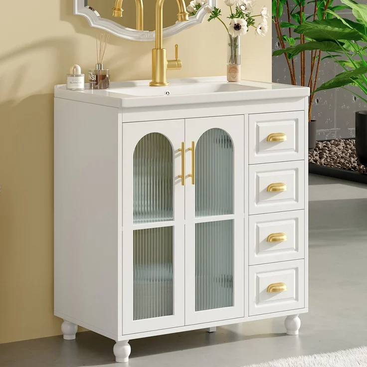 Waschtisch mit Unterschrank H 90 x T 80 x B 47 cm aus MDF in Weiß, mit Keramikbecken – Bild 3
