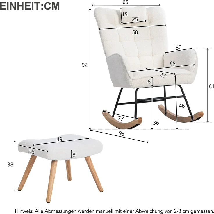 Schaukelstuhl-Set, mit Kopfkissen & Fußhocker, Sessel 65x47x92 cm, Hocker 49x38x38 cm, Weiß – Bild 10