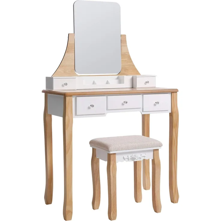 Hansiro Schminktisch mit Hocker, drehbarem Spiegel ohne Rahmen, Holz natur/weiß, 80 x 40 x 137,5 cm