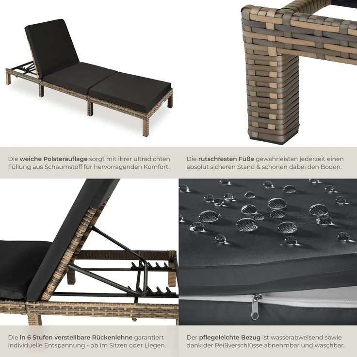 tectake® Polyrattan Sonnenliege mit 6-Fach höhenverstellbarer Rückenlehne, Outdoor Daybed mit bequemer Polsterauflage, Gartenliege Rattan für drinnen und draußen, pflegeleicht und stabil - Natur – Bild 7