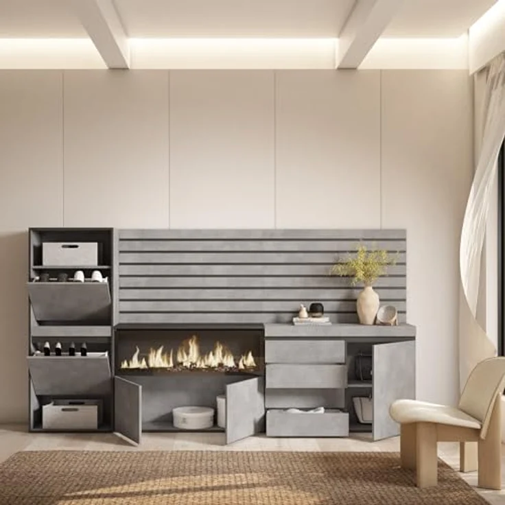 Skraut Home | Schuhregal, Schuhschrank | Schuhaufbewahrung | 274 x 145 x 35 cm | Für Schlafzimmer, Zimmer | Elektrokamin XXL | Kommode mit Schubladen | Lamellenwand Holz | Moderner Stil | Zement – Bild 4