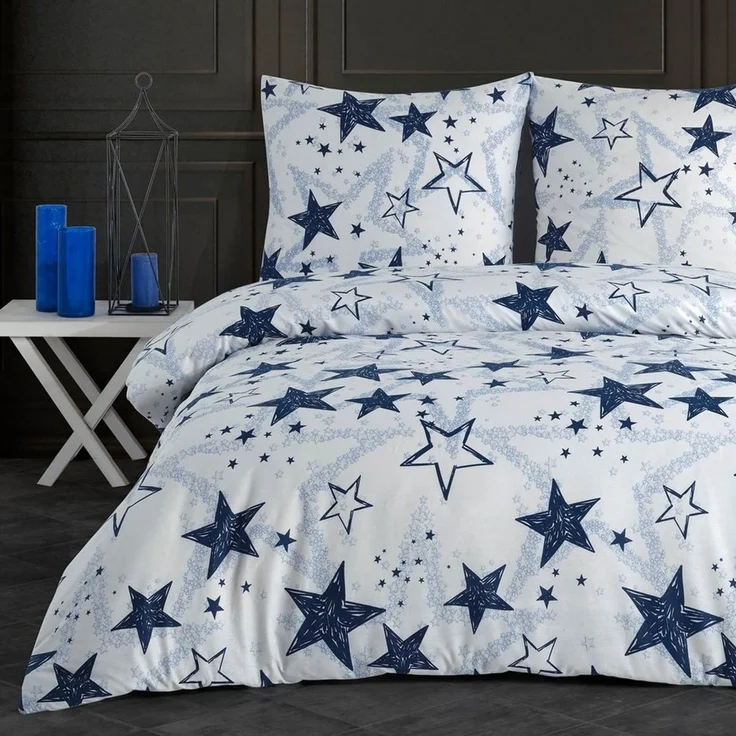 Buymax Bettwäsche, Renforcé: 100% Baumwolle, 2 teilig, Bettbezug-Set, 135x200 cm, mit Reißverschluss Sterne Stars Weiß Blau – Bild 1