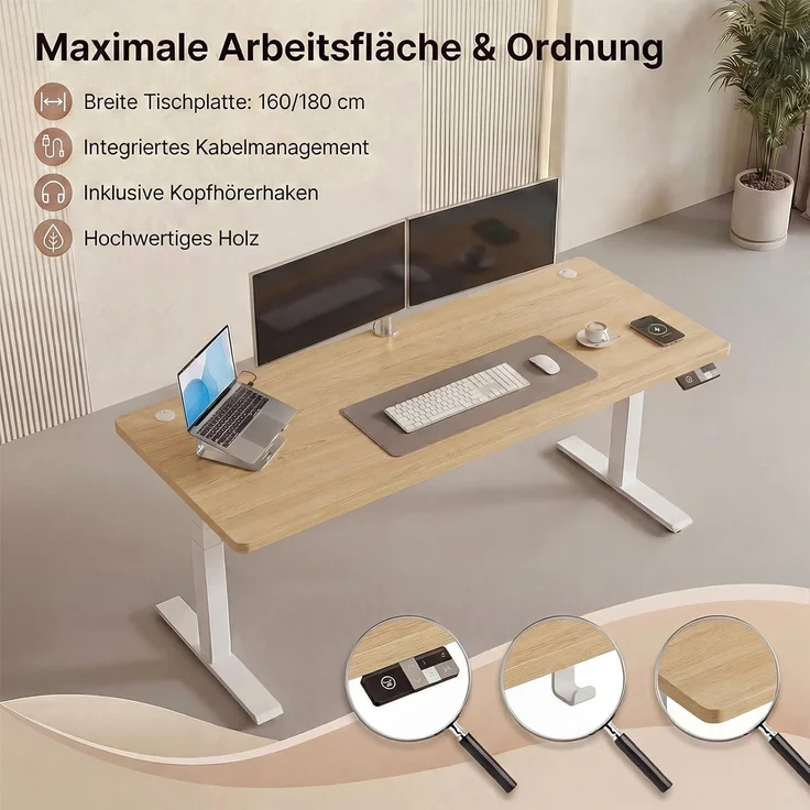 Devoko Höhenverstellbarer Schreibtisch 180x80 cm elektrisch, Höhenverstellung 63-128 cm mit Smart Control, 125 kg Tragkraft, für gesundes Arbeiten – Bild 6