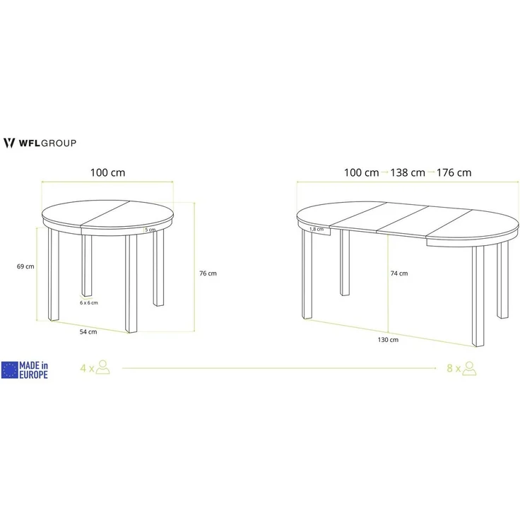 WFL GROUP Esstisch Rowan (erhältlich in einer Größe – 100 x 100 x 76 cm, ausziehbar auf 180 cm), platzsparender Tisch für kleine Küche, Esszimmer oder Wohnzimmer – Bild 2