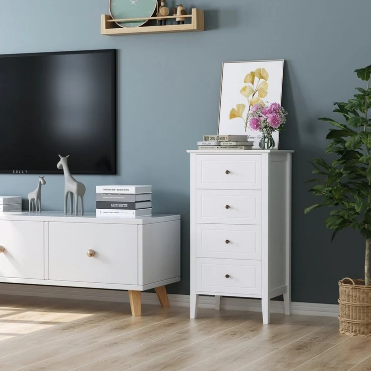 Homfa Kommode, Kommode mit 4 Schubladen, Schubladenschrank schmal, weiß, 50x40x95cm – Bild 3
