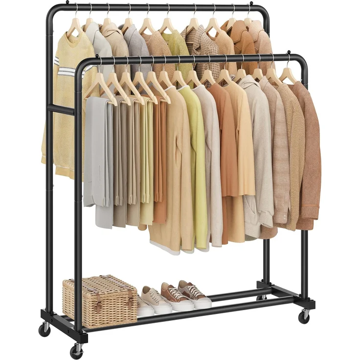 SONGMICS Kleiderständer, Kleiderstange auf Rollen, Garderobenständer, 2 Rollen mit Bremse, Schlafzimmer, bis 90 kg belastbar, 46,5 x 110 x 155,5 cm, tintenschwarz HSR017BH01