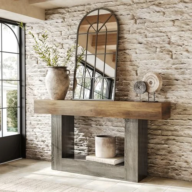LITTLE TREE Konsolentisch, 160 cm lang, 2-stöckig, Bauernhaus-Sofatisch hinter der Couch, großer schmaler Eingangstisch für Wohnzimmer, Flur, Foyertisch aus Holz mit robuster Basis, rustikales Braun – Bild 4