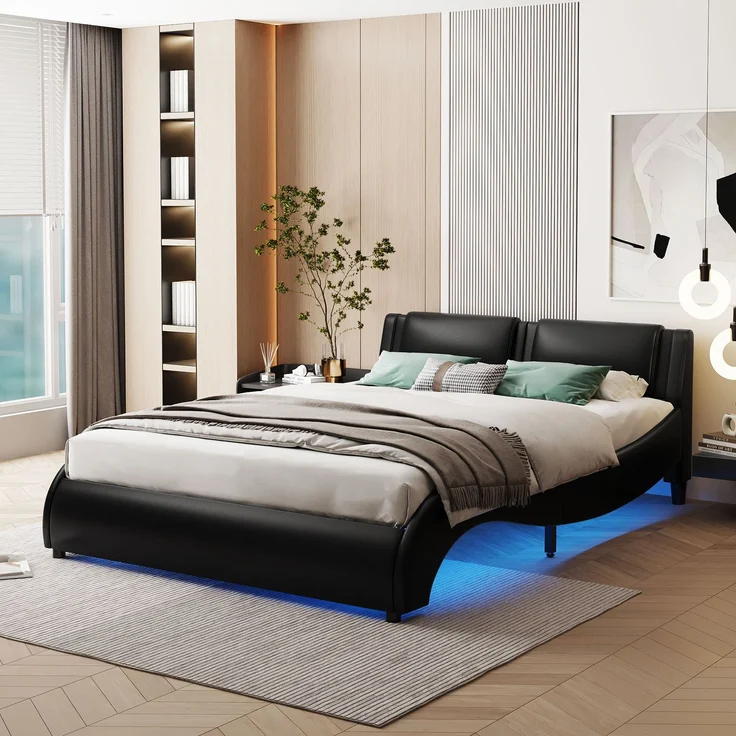 Polsterbett 140x200 cm aus Kunstleder mit LED-Beleuchtung – modernes Design und gepolstertes Kopfteil – Bild 1