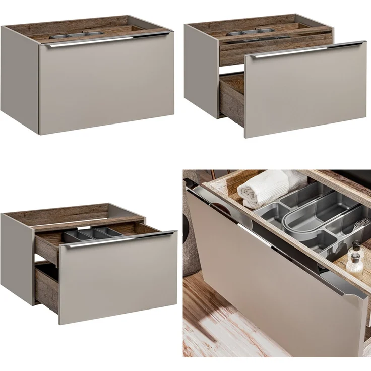 Waschtischunterschrank 80cm mit Regal & Keramikbecken PUEBLA-56-TAUPE in taupe mit Vintage Oak, B/H/T ca.: 80,4/62,5/46 cm – Bild 5