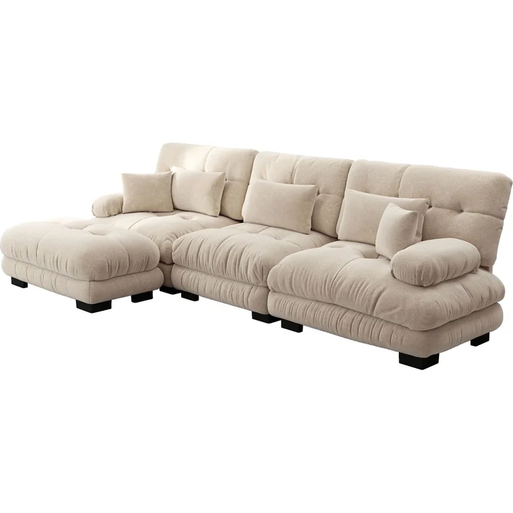Modulares Sofa aus Chenille 313x145x81 cm mit runden Armlehnen und Ottomane, beige – Bild 6