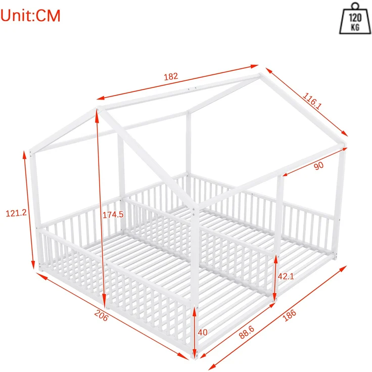 Hausbett Kinder Etagenbett 90x200cm Metallbett mit Geländer und Leiter,Zwillingsbett Doppelbett für Kinderzimmer, stabiler Metallrahmen,Weiß – Bild 5