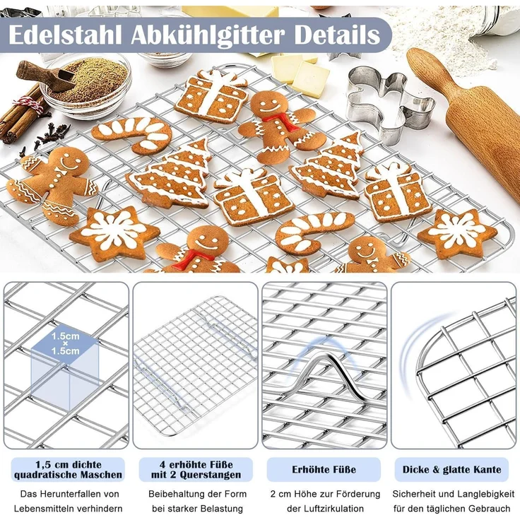 Homikit Backblech mit Abkühlgitter Edelstahl Rechteckig 31,5x24,6x2,5cm – Bild 4