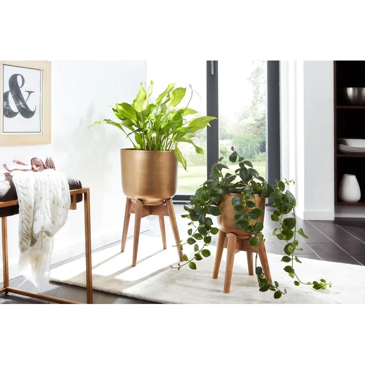 Blumentopf 2er Set Metall Massivholz Gold Rund mit Füßen – Bild 5