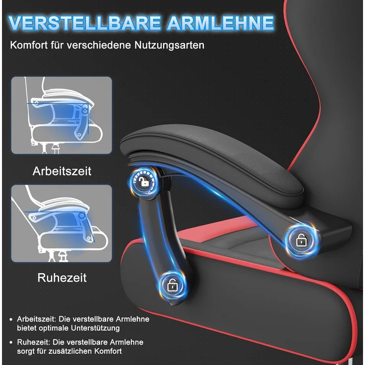 Devoko Gaming Stuhl mit Massagefunktion, Bürostuhl Ergonomisch mit Verstellbarer Ruckenlehne (90-135), Schreibtischstuhl mit Bewegliche Armlehne, max 150kg, rot – Bild 9