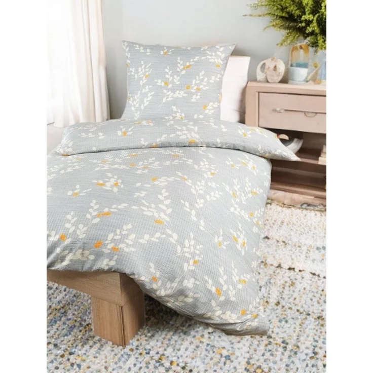 soma Bettwäsche Seersucker135x200 80x80 Zweige grau gold sale Geschenk, Microfaser Seersucker, 2 teilig, Ideal für Frühling Sommer Reißverschluss absolut bügelfrei ganzjährig – Bild 3