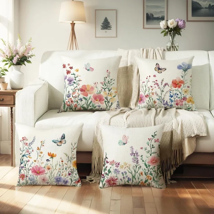Kissenbezüge 45×45 cm 4er-Set Blumen & Schmetterling, Frühling/Sommer Farmhouse Sofa – Bild 2