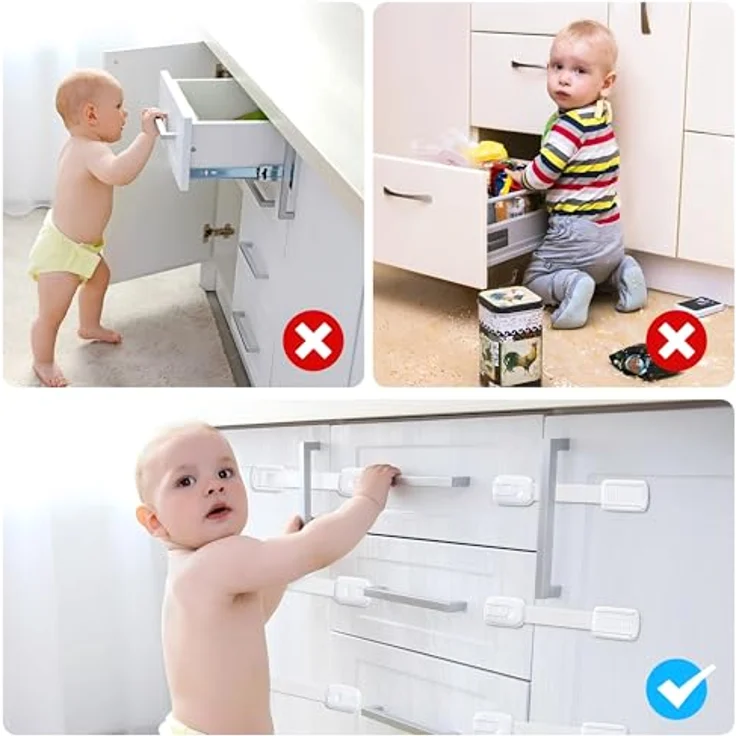 ECHOCUBE 10 Stück Kindersicherung für Schrank, Verstellbare Baby Schubladensicherungen mit 3M Kleber, Baby Sicherheitsschlösser für Schränke, Schubladen, Kühlschrank - Kein Bohren erforderlich (Weiß) – Bild 4