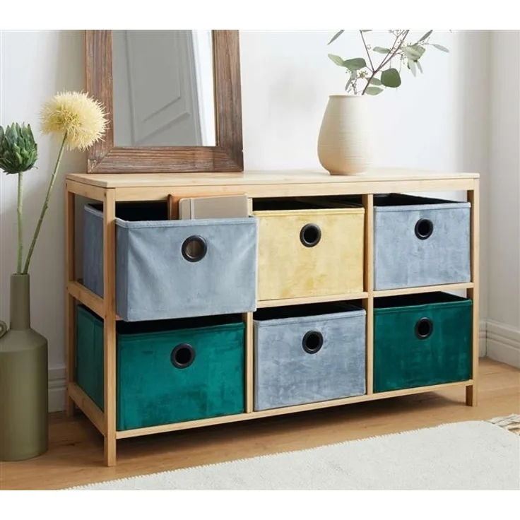 Regal "Bunt" aus Bambus mit 6 Boxen aus Textil in Samt Optik, Aufbewahrungsregal, Bambusregal mit Aufbewahrungsboxen