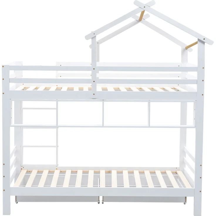Etagenbett 90x200 cm, Haus-Design in Weiß mit Schubladen, Regalen & Sicherheitsgittern, ohne Matratzen – Bild 9