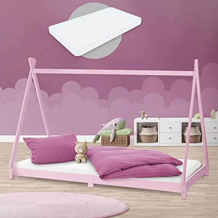 ML-DESIGN Spielbett Hausbett Tipi Zeltbett inkl. Lattenrost Bodenbett Kinder Himmelbett, Abenteuerbett zum Spielen Zelt Kinderbett Kiefer Bettenhaus Bett Rosa – Bild 1