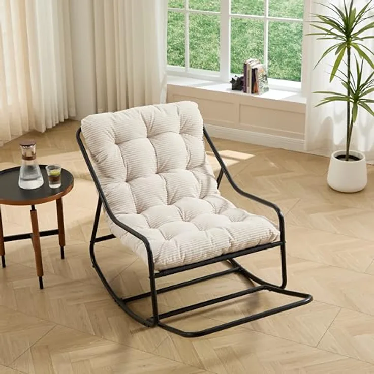 Ball & Cast Schaukelstuhl für Drinnen & Draußen, Rocking Chair mit Gepolstertem Kissen und Fußstütze, Balkonsessel für Wohnzimmer, Garten & Terrasse, Weiß