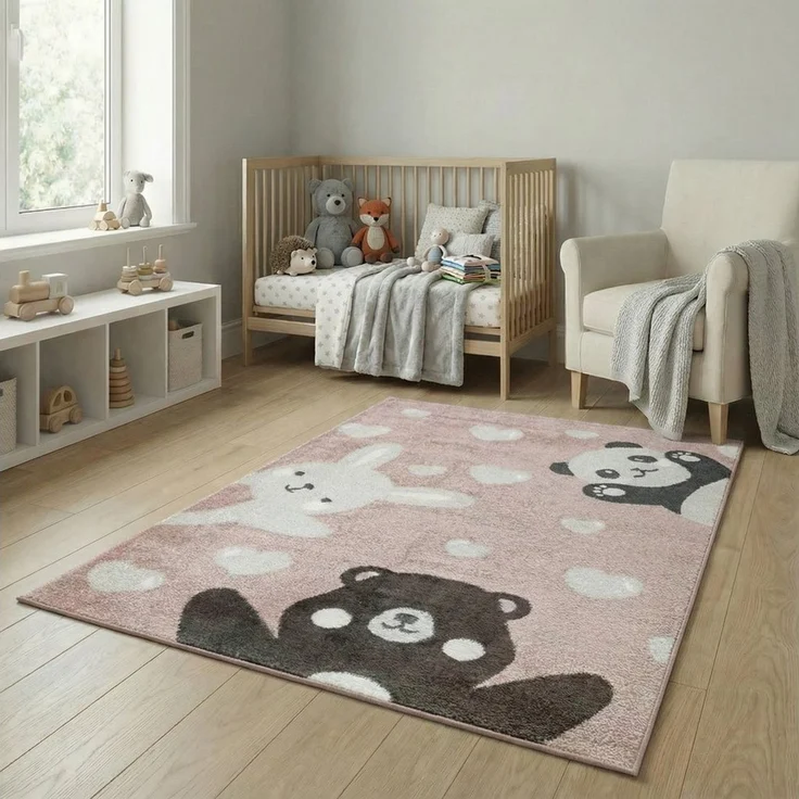 Jimri Teppich Kinderzimmer - Teppiche für Kinderzimmer, Kinderteppich, Kinderteppich Mädchen, Bär, Hase, Panda, Herz, (Hellrosa, Größe: 80x150 cm) – Bild 5