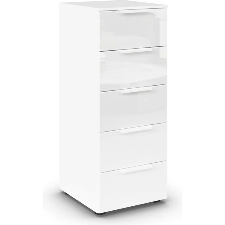 Rauch Möbel Flipp, schmale Hochkommode mit viel Stauraum für Flur, Wohnzimmer, Schlafzimmer, Alpinweiß/Glasfront Weiß, 5 Schubkästen, Griffe weiß, 40 x 100 x 42 cm – Bild 1