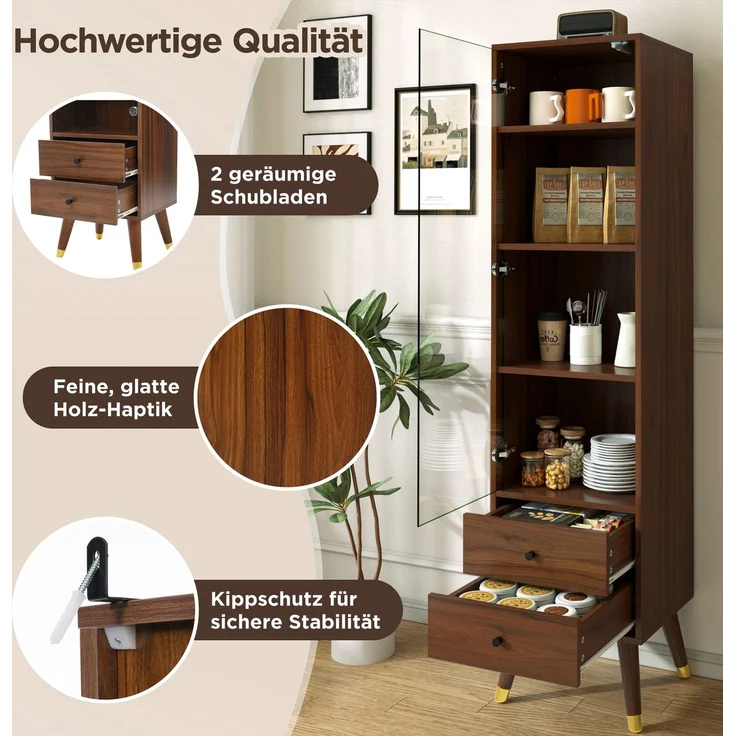 Moderner Hochschrank mit Glastür, Vitrinenschrank mit verstellbaren Regalen und 2 Schubladen, Standschrank für Wohnzimmer, Bad & Büro in Nussbaumholz-Optik--Nussbaum--39.8x35x160cm--YOUDENOVA – Bild 8