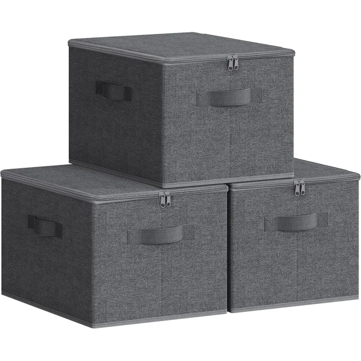 SONGMICS Aufbewahrungsbox mit Deckel, 3er Set, faltbare Stoffbox mit Griffen, Aufbewahrung für Kleidung, 40 x 30 x 25 cm, Vliesstoff, schiefergrau