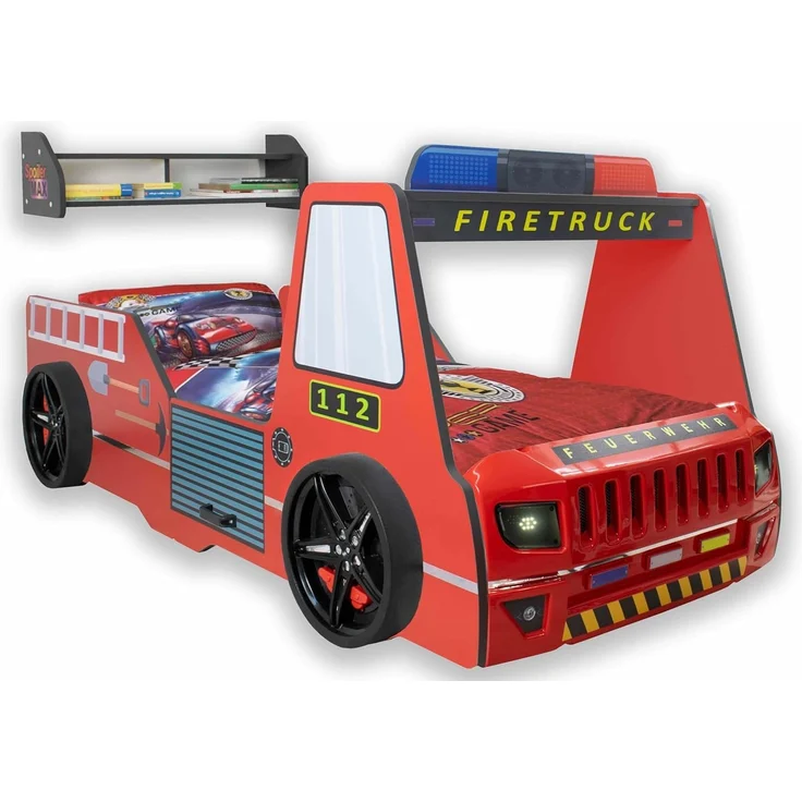 Autobett Kinderbett 90x200 Feuerwehrbett "Rio Firetruck" Hochglanz mit LED Leuchte Rot