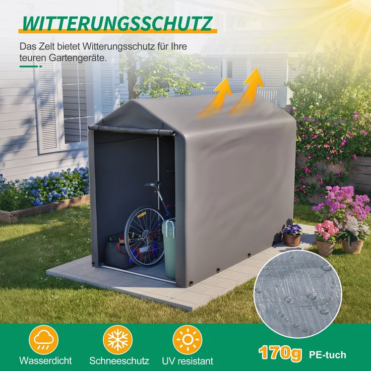 LVHOM Fahrradgarage & Gerätezelt, Wasserdichtes Garagenzelt aus 170g PE, Gerätehaus inkl. Fundamentrahmen, Lagerzelt für Garten & Werkzeug, 187x100x160cm – Bild 4