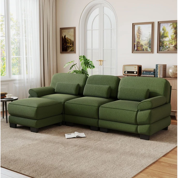 Modulsofa 265x161x94 cm in Grün mit Cordbezug, Hocker und flexibel kombinierbaren Elementen – Bild 1