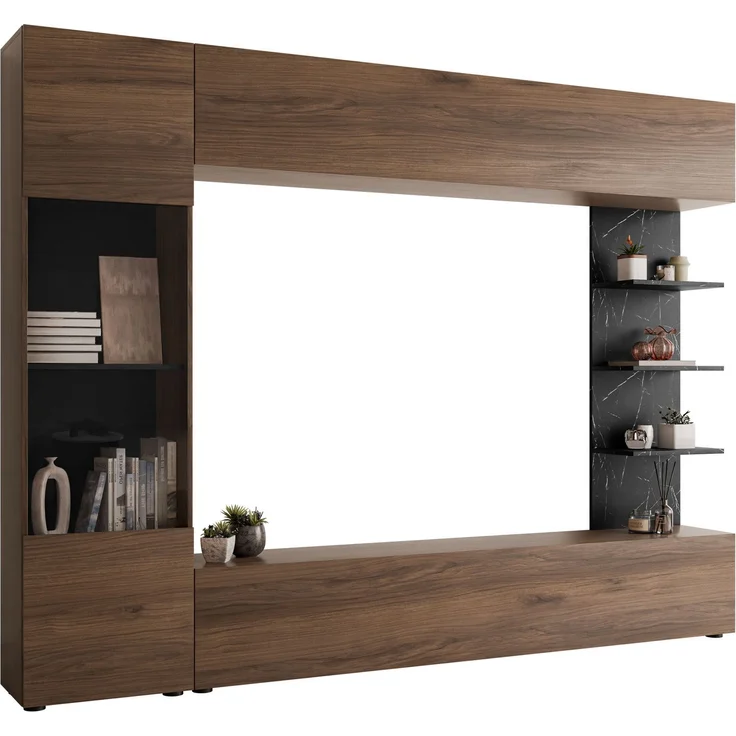 Wohnwand Lazando, ohne Beleuchtung, Farbe: Nuss Warmia / Marmor Schwarz – Bild 1