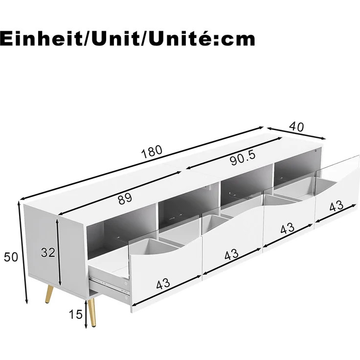 Merax 180cm TV-Schrank Lowboard mit LED-Beleuchtung, holzfarbener Korpus, goldenen Metallfüßen, Glasfront & Stauraum, Weiß – Bild 4
