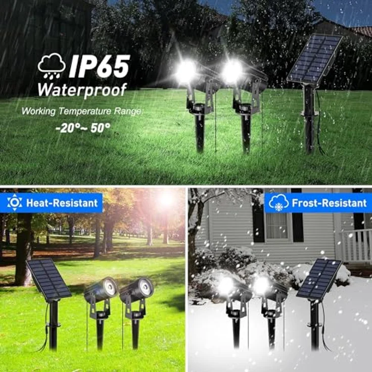 T-SUN Solar Gartenleuchte, 2 Stück Solarstrahler mit IP65 Wasserschutz, 2 Helligkeitsstufen, 3 Meter Kabel, automatischer Ein/Aus-Funktion, 6000K Kaltweiß – Bild 4