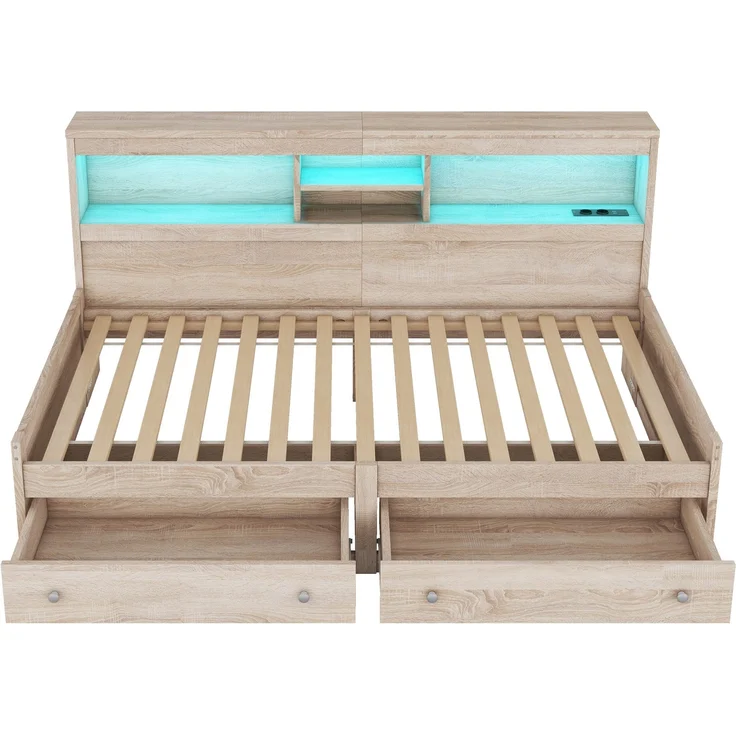 Holzbett mit LED-Beleuchtung und Stauraum, 90x200 cm, Einzelbett mit Mehrfachsteckdose und Lattenrost, Jugendbett – Bild 8