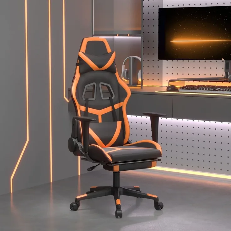 Gaming-Stuhl mit Massage & Fußstütze Schwarz Orange Kunstleder, Drehbar [345440]