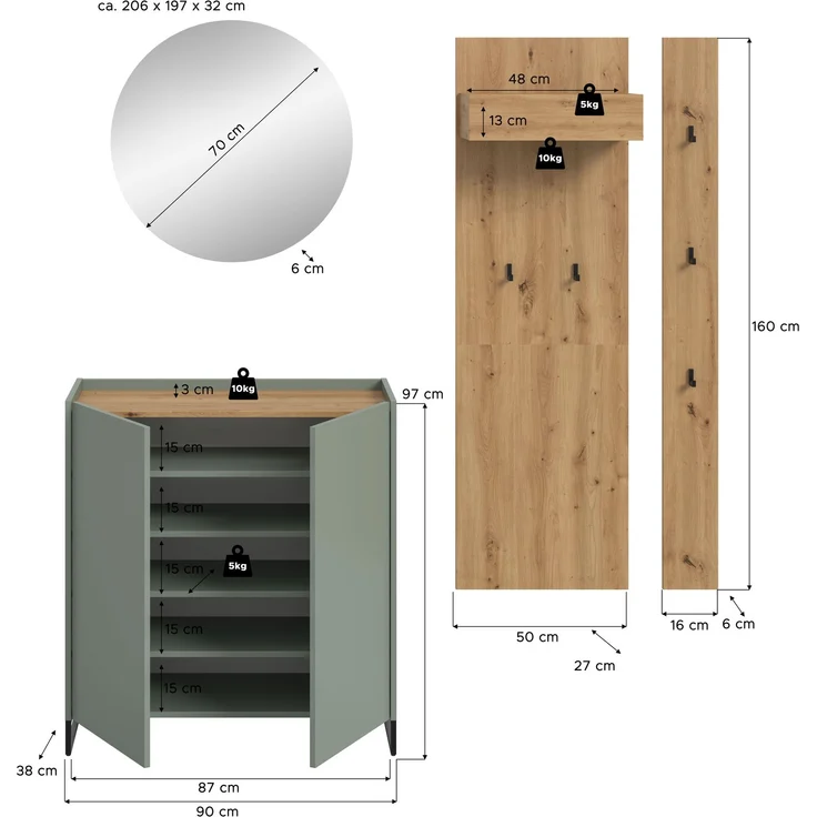 Garderobenkombination B/H/T: 197x206x32 cm in Salbei Nachbildung und Artisan Oak Nachbildung – Bild 4