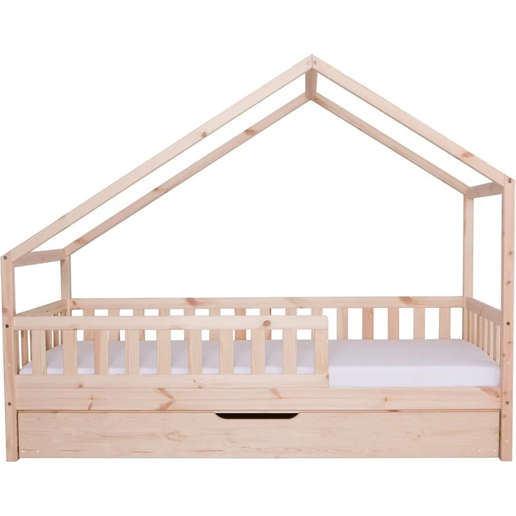 Ticaa Hausbett Lou mit Rausfallschutz und Zusatzbett, aus Kiefer, - Hausbett mit abnehmbaren Dachaufbau - Inkl. Rollrost – Bild 1