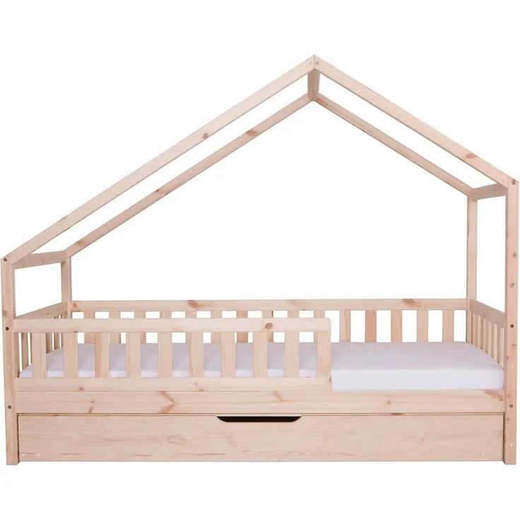 Ticaa Hausbett Lou mit Rausfallschutz und Zusatzbett, aus Kiefer, - Hausbett mit abnehmbaren Dachaufbau - Inkl. Rollrost