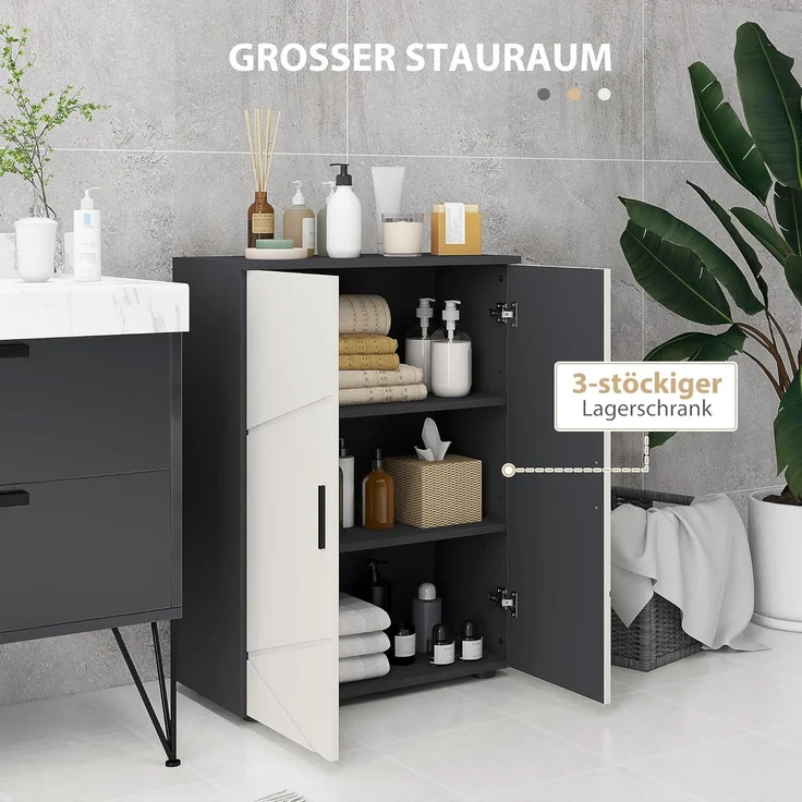 Kleankin Badkommode Badezimmerschrank Beistellschrank mit Doppeltür, Verstellbar Ablagen (Badschrank, 1 St, Aufbewahrungsschrank), für Wohnzimmer 60 x 30 x 82 cm Grau – Bild 4