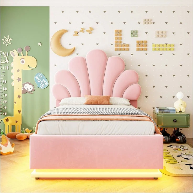 Odikalo Stauraumbett 90×200 140×200 Kinderbett Polsterbett Jugendbett Beige mit LED (Blütenförmigem Kopfteil Hydraulischem Stauraum Beleuchtung und Metallrahme Samtstoff Beige Rosa Ohne Matratze) – Bild 3