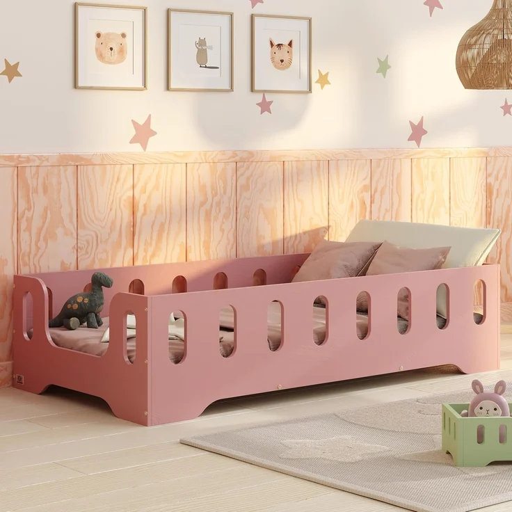 smartwood Kinderbett Bodenbett 140x190 mit Rausfallschutz & Lattenrost - Rosa - Kinder Montessori Bett TILA 2B mit glatten Kanten - Betten für schnelle Montage - Bis 300 kg belastbar – Bild 1