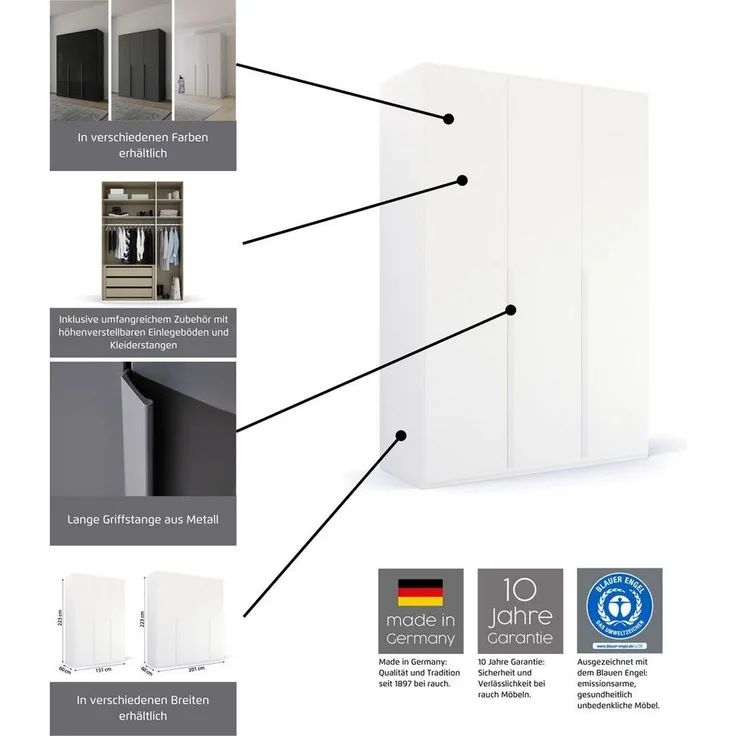 rauch Drehtürenschrank Kleiderschrank Schrank Garderobe Wäscheschrank PURISMA Glasfront (in den Breiten 151/201/251/301 cm, inkl. SOFT-CLOSE-FUNKTION) schlichte Eleganz, mit umfangreicher Innenausstattung MADE IN GERMANY