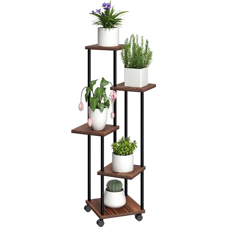 Outsunny Pflanzentreppe für Innen Außen, aus Stahl, Holz, mehrstöckig, 110 cm hoch (5-Etagen Pflanzenständer, 1 St, Blumenständer), für Wohnzimmer, Garten Balkon Deko, Verkohlt