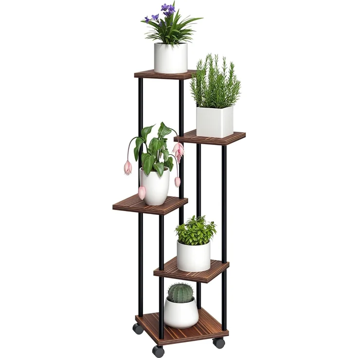 Outsunny Pflanzentreppe für Innen Außen, aus Stahl, Holz, mehrstöckig, 110 cm hoch (5-Etagen Pflanzenständer, 1 St, Blumenständer), für Wohnzimmer, Garten Balkon Deko, Verkohlt – Bild 1
