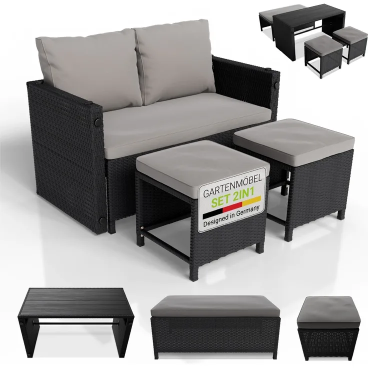 Juskys 2in1 Polyrattan Relax Gartenmöbel Set Jamaika - Tisch, Gartenlounge Sofa - Balkonmöbel Sitzgruppe für Balkon, Garten - Outdoor Lounge schwarz / grau