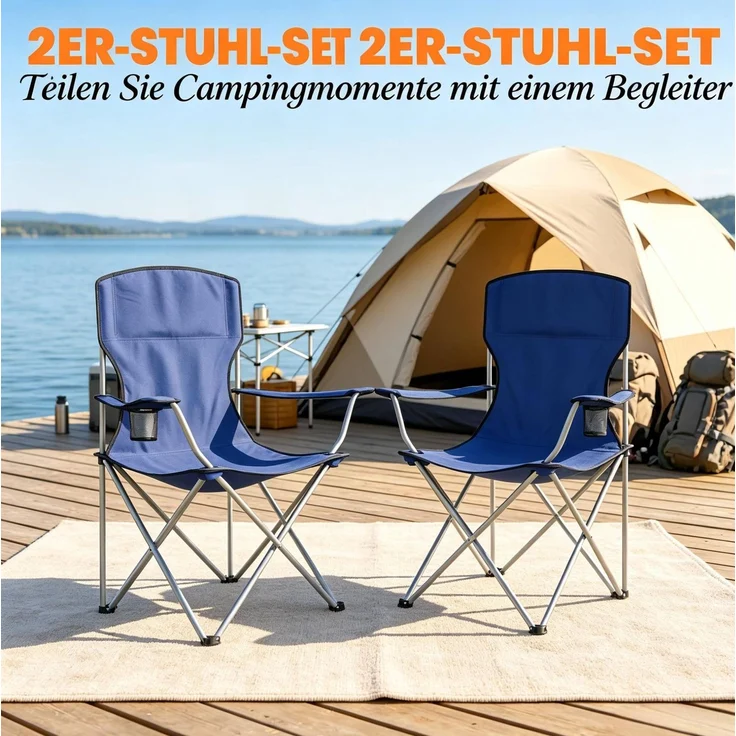 Campingstuhl-Set aus 2, Oxford 600D, klappbar mit Becherhalter, 88x57x97 cm, Blau – Bild 7