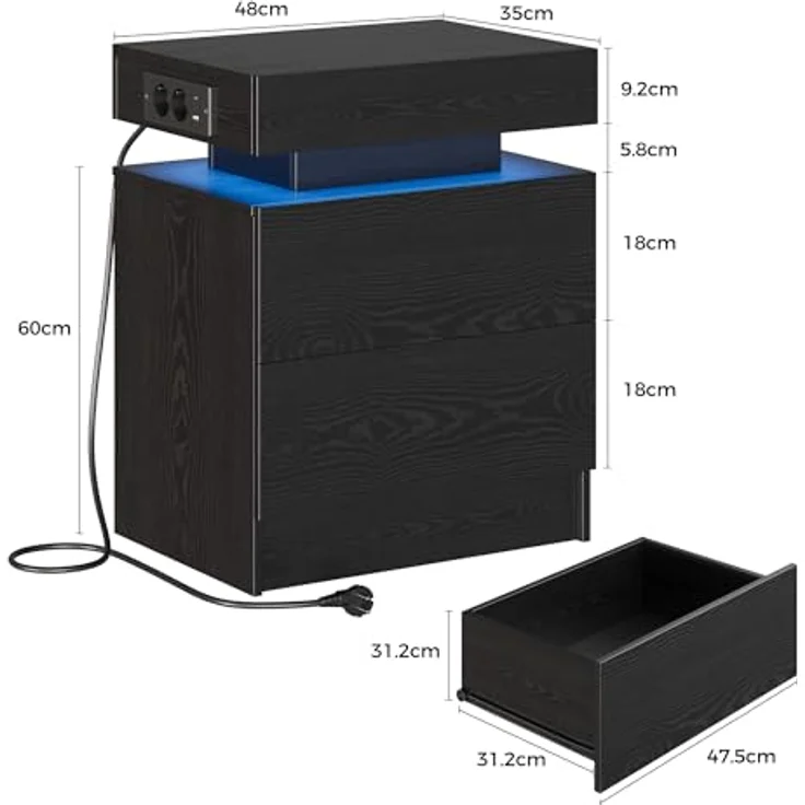 IRONCK Nachttisch Schwarz mit LED-Licht & Ladefunktion, Beistelltisch mit USB+Typ-C Anschlussen, Nachtschrank mit 2 Schubladen, Sofatisch für Schlafzimmer, Wohnzimmer, 35 x 48 x 60 cm – Bild 4