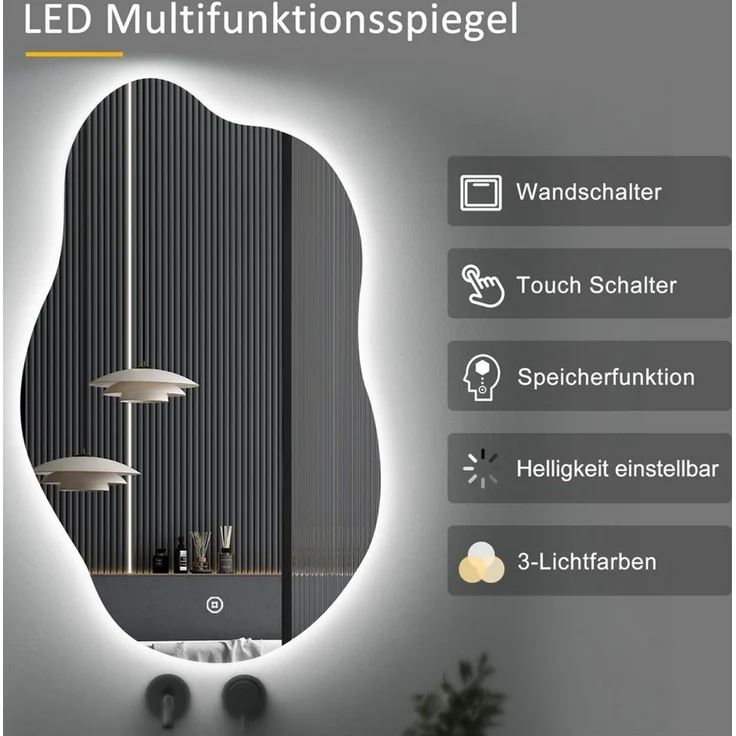 WDWRITTI Schminkspiegel mit beleuchtung wandmontage Spiegel mit beleuchtung für schminktisch (LED Spiegel Wandspiegel Asymmetrisch, Wolke, 62x90 cm, 52x85 cm), 3Lichtfarben, Dimmbar, Speicherfunktion – Bild 2